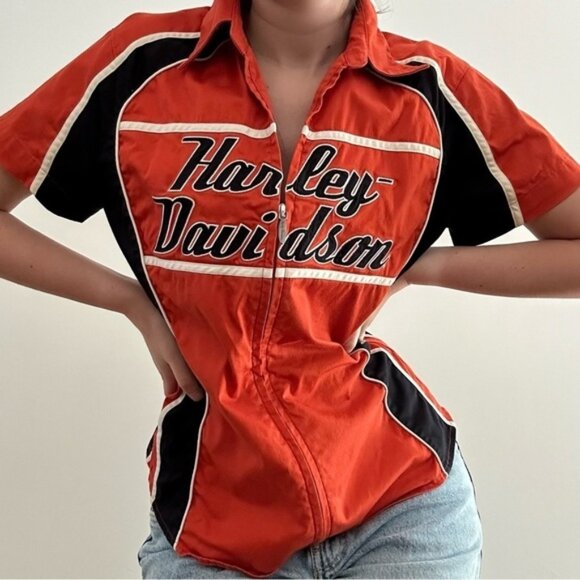 HARLEY DAVIDSON ZIP  FRONT ORANGE BLOUSE - Picture 1 of 6